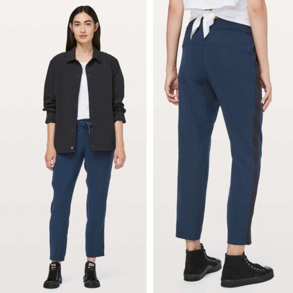 Lululemon On The Fly Pant Travel Woven Track Stripe In True Navy Black Size 6 - Picture 1 of 7